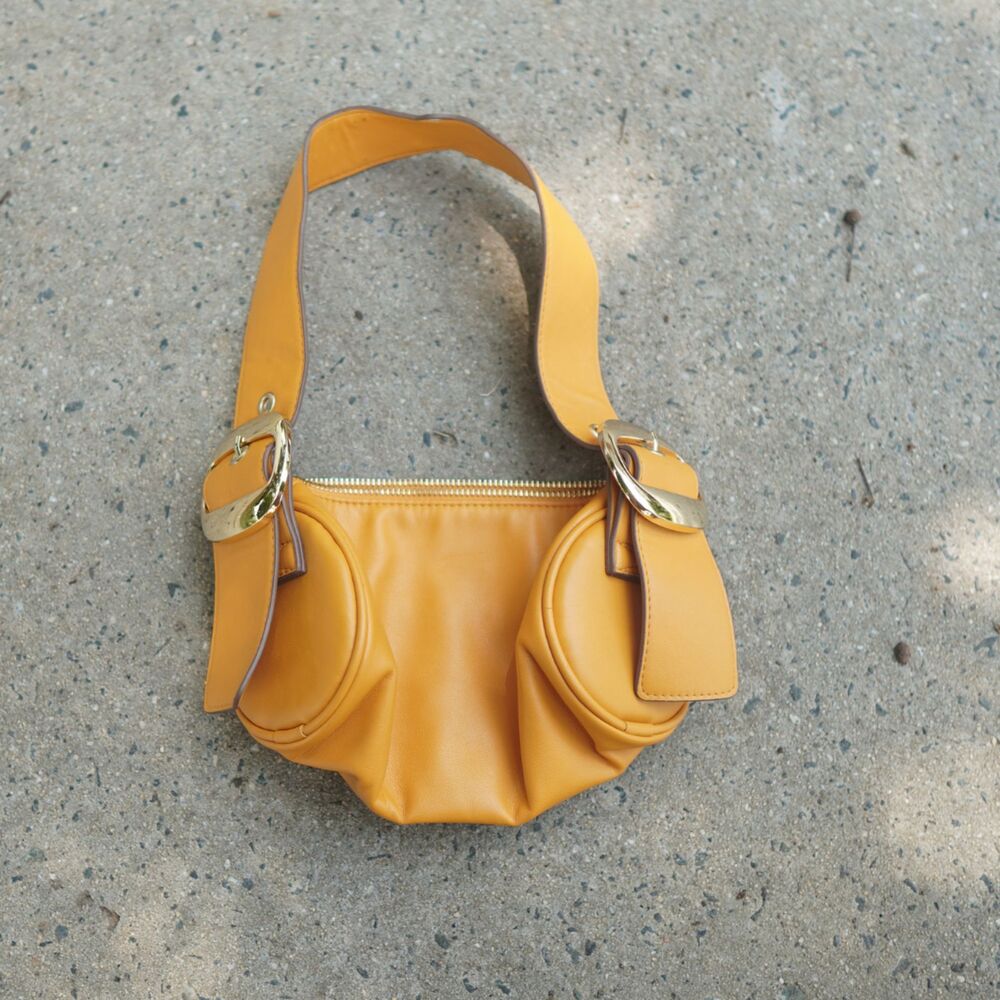 Orange Faux Leather Shoulder Bag Chunky Buckle Y2K Ruched Pocket Purse Mini